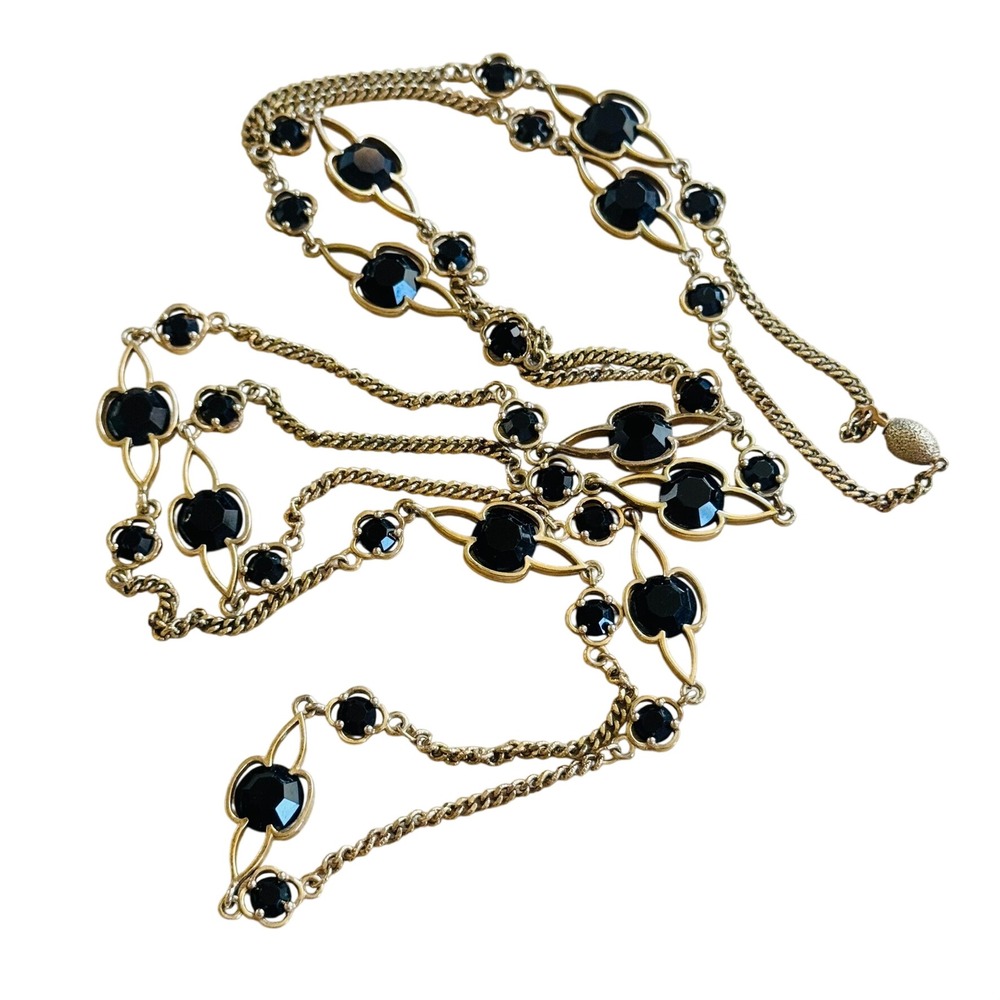 VTG Open Bezel Austrian Jet Black Crystal Necklace Victorian Goth Style Long 52"